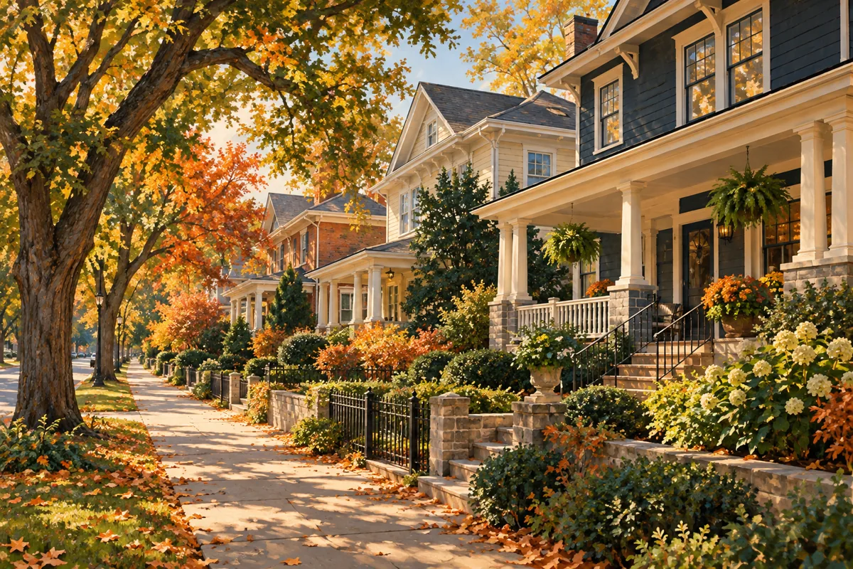 Illustration of historic neighborhood houses viewed from a public sidewalk.