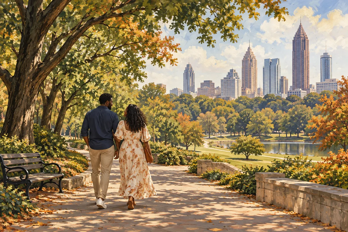 Illustration of two visitors enjoying a shaded park walk.