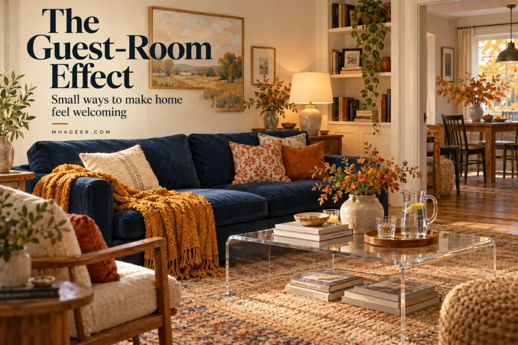 Illustration of a welcoming living room with a sofa, warm lamp, and water ready for guests.