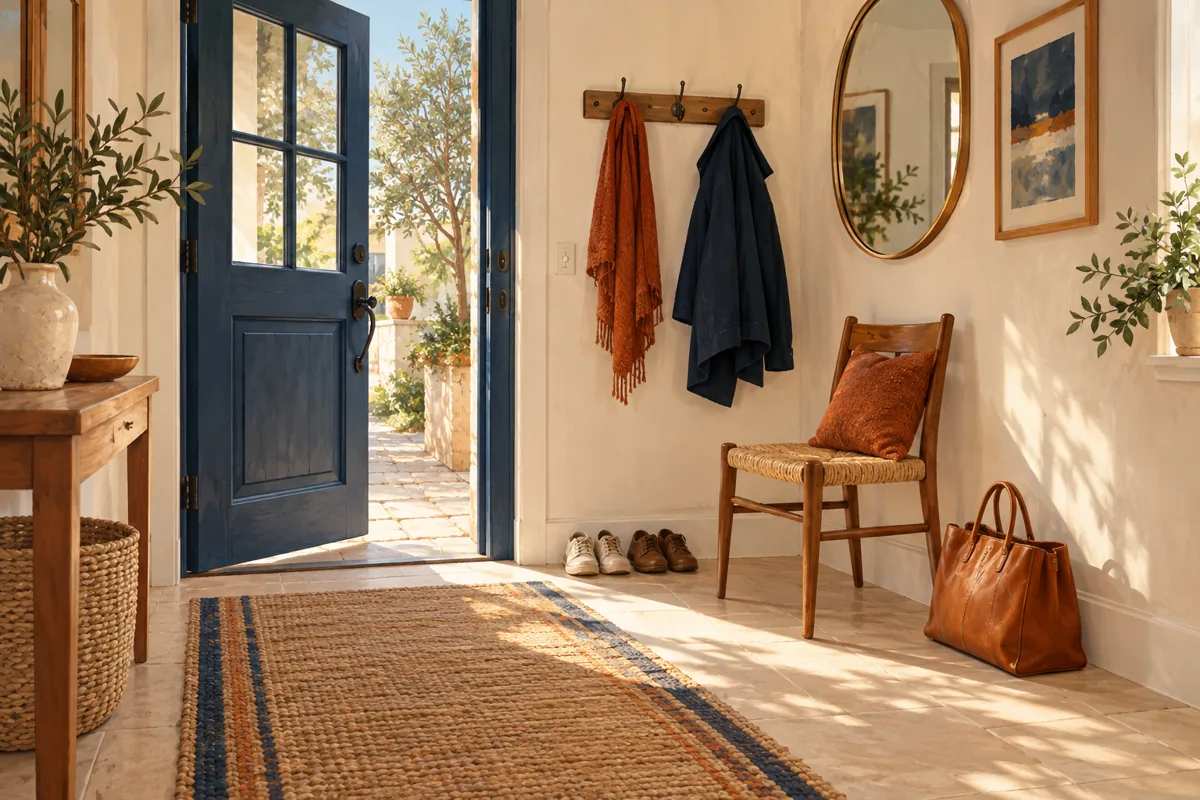 Illustration of a clear entryway with space for a guest coat and bag.