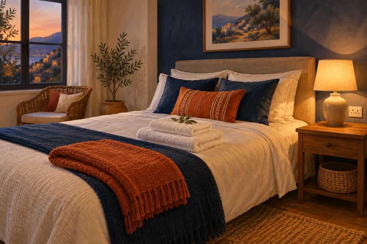 Illustration of a guest sleeping space with fresh towels, a bedside lamp, and room for belongings.