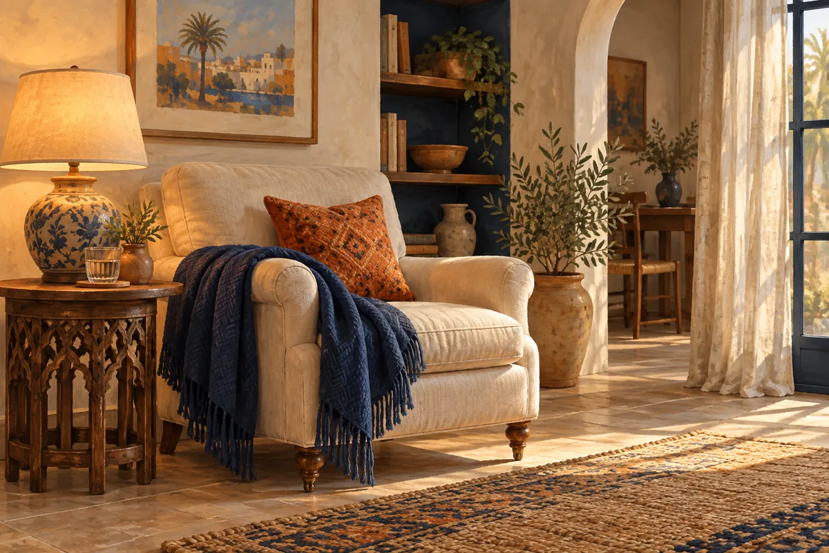 Illustration of a comfortable chair, reading lamp, and a drink within reach.