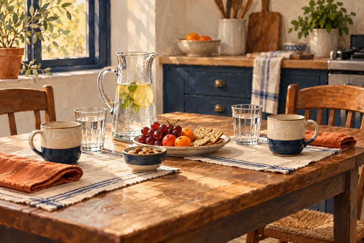 Illustration of simple refreshments set out on a kitchen table for visitors.
