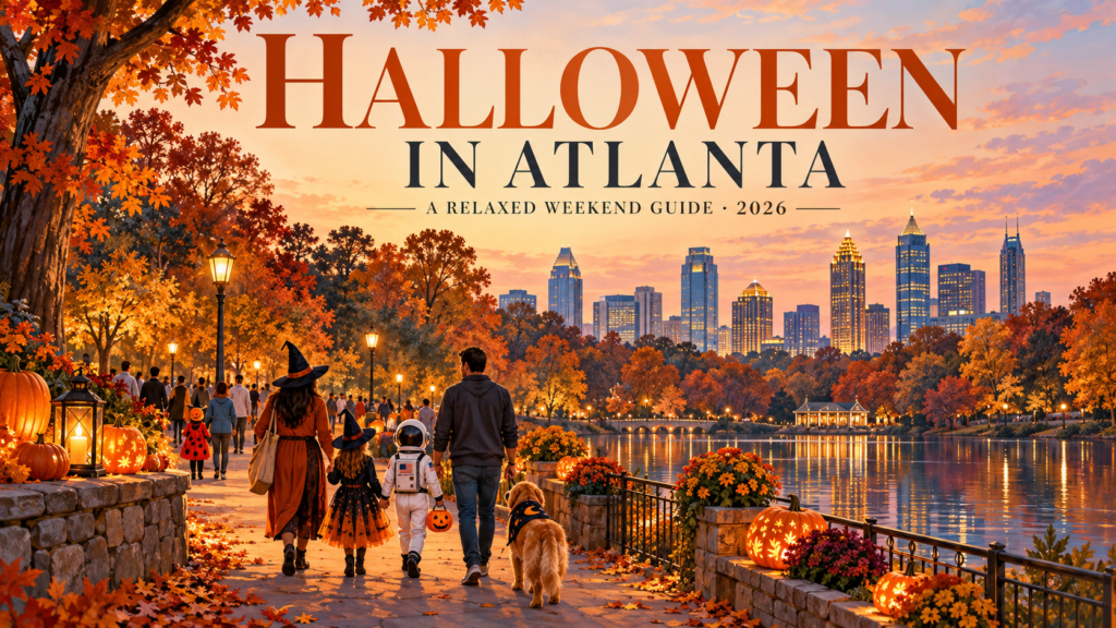 Halloween in Atlanta — A Relaxed Weekend Guide 2026, with an imagined autumn park, pumpkins, and Atlanta skyline