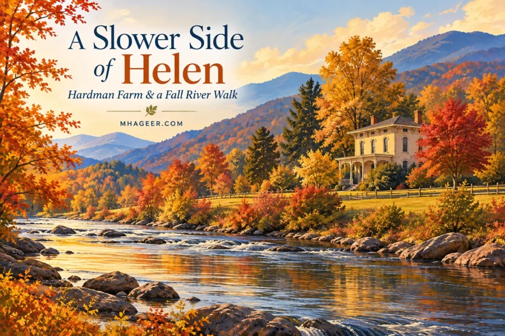 Conceptual autumn illustration for a Hardman Farm and Helen Georgia travel guide.