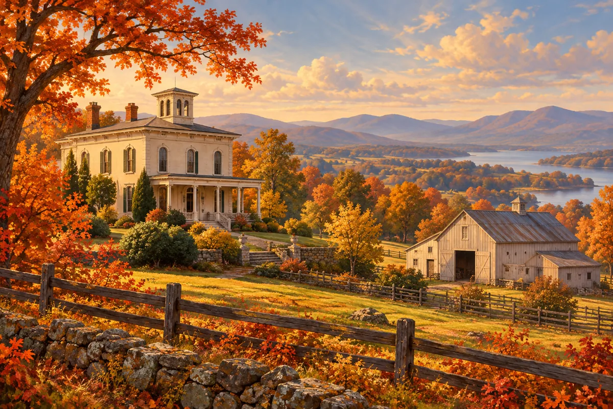 Conceptual nineteenth-century Georgia estate with an Italianate house and dairy barn.