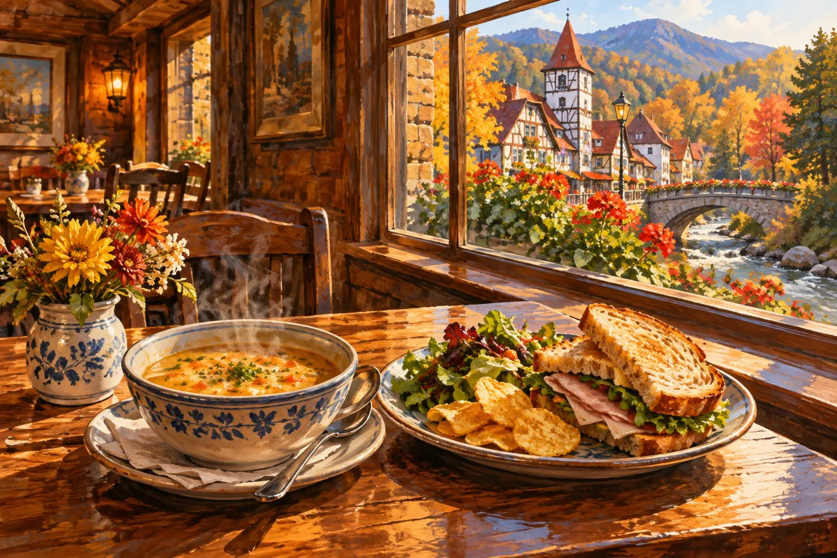 Imagined cafe lunch with soup and a sandwich near a sunny window.