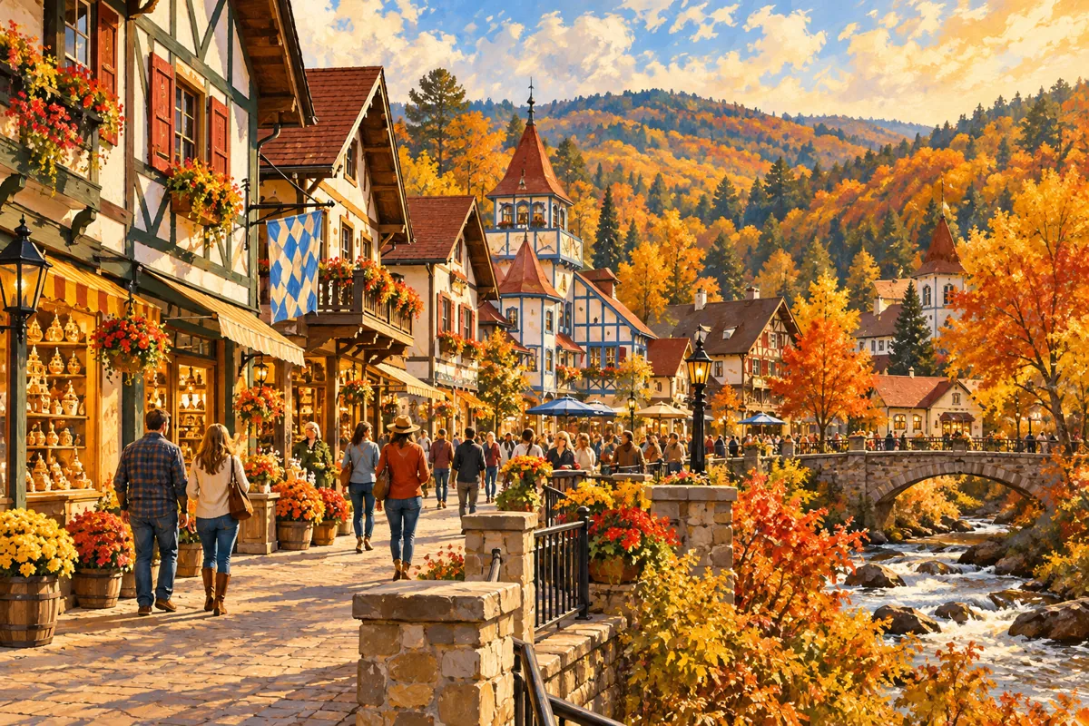 Conceptual Helen-inspired street with Bavarian-style shops and autumn trees.