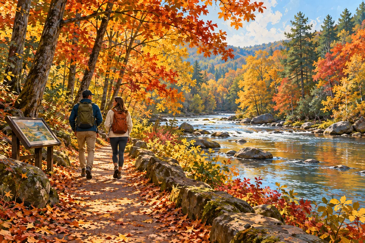 Imagined riverside walking path in North Georgia with autumn trees and walkers.