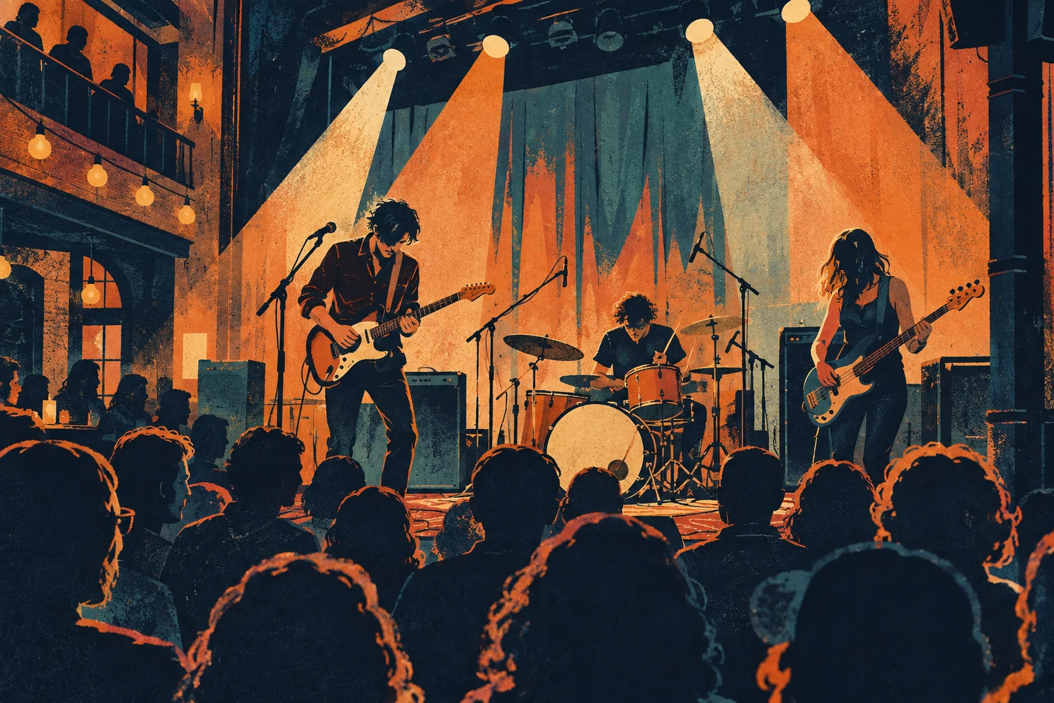 Conceptual illustration of a band performing under warm stage lights before an audience