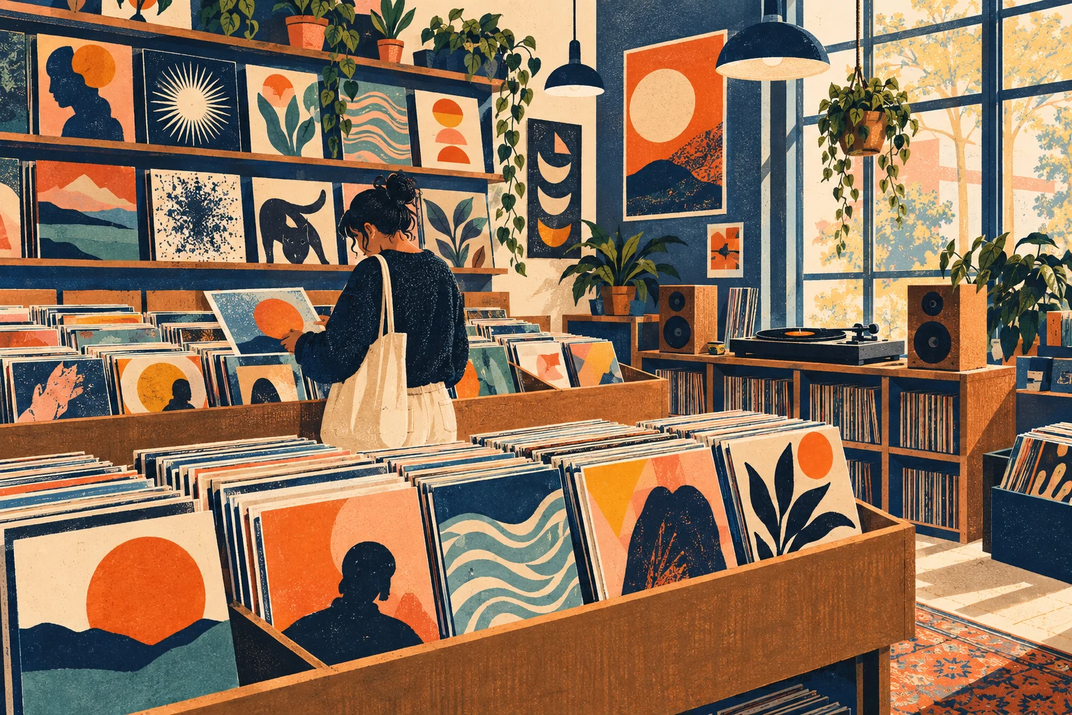 Conceptual illustration of a shopper browsing vinyl records in an independent record store