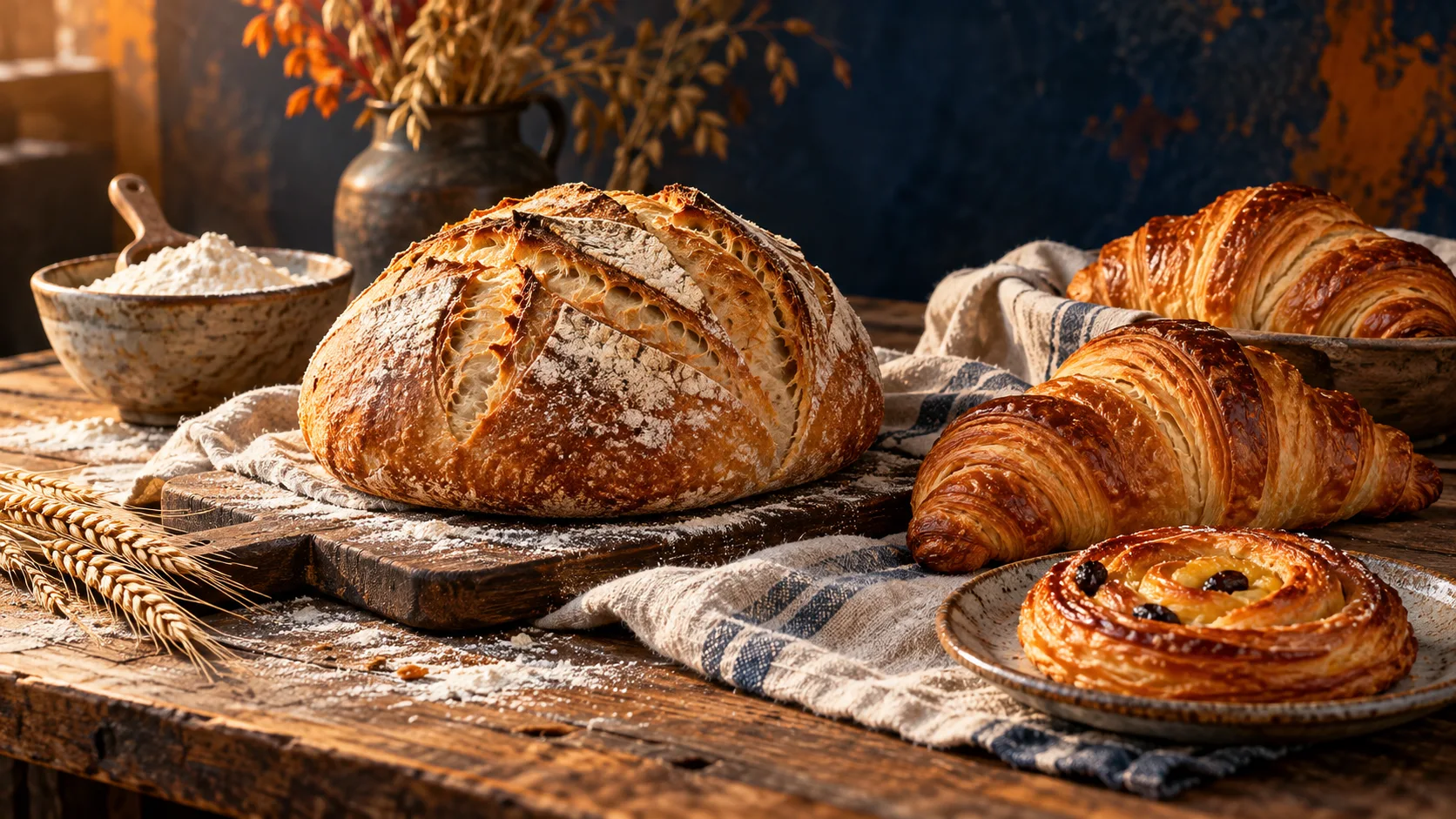 Editorial illustration of crusty bread, croissants and a pastry on a bakery-inspired table.