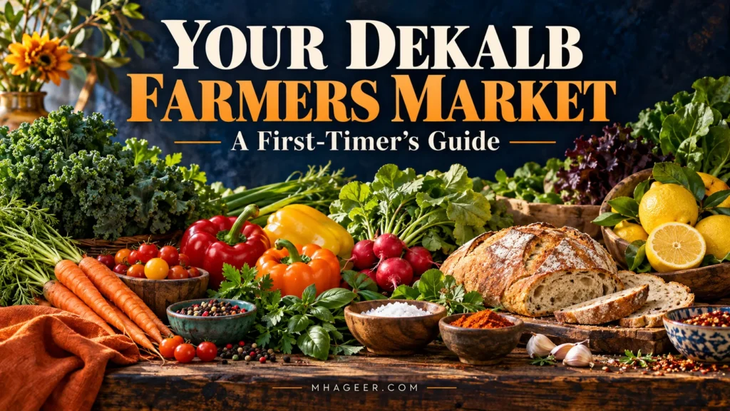 Mhageer Your DeKalb Farmers Market guide cover featuring illustrated produce, bread and spices.