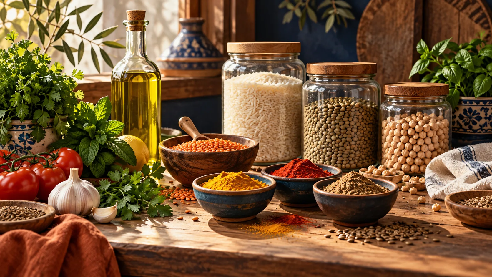 Editorial illustration of spices, lentils, rice, olive oil and herbs on a wooden counter.