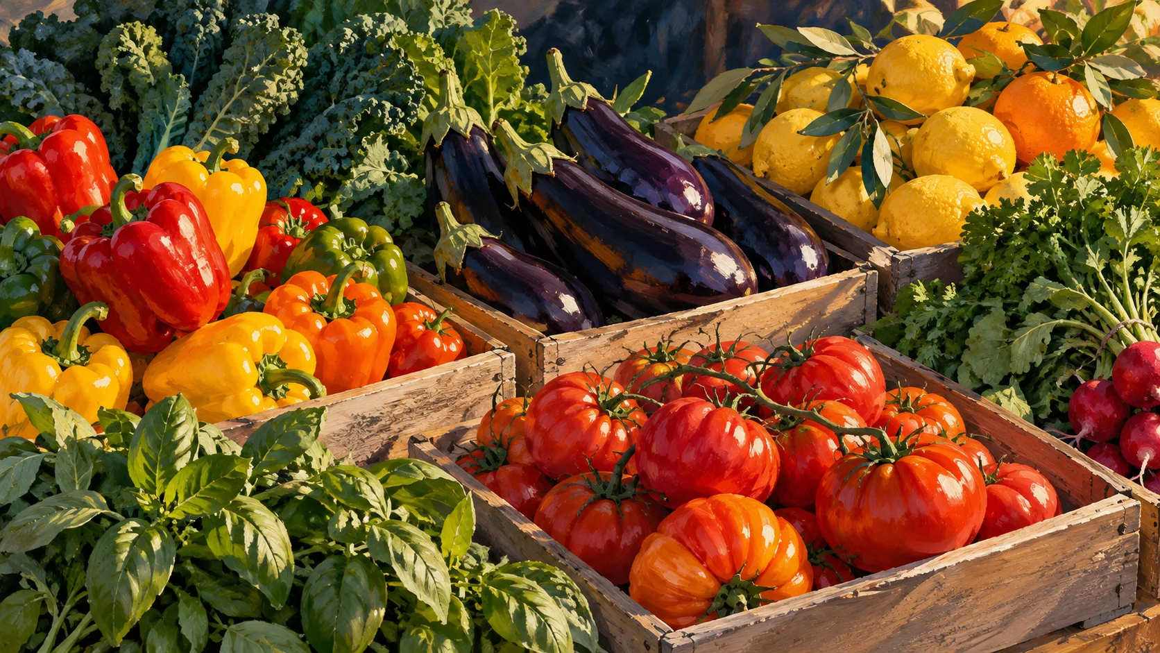 Editorial illustration of peppers, eggplants, tomatoes, leafy greens and citrus in produce crates.