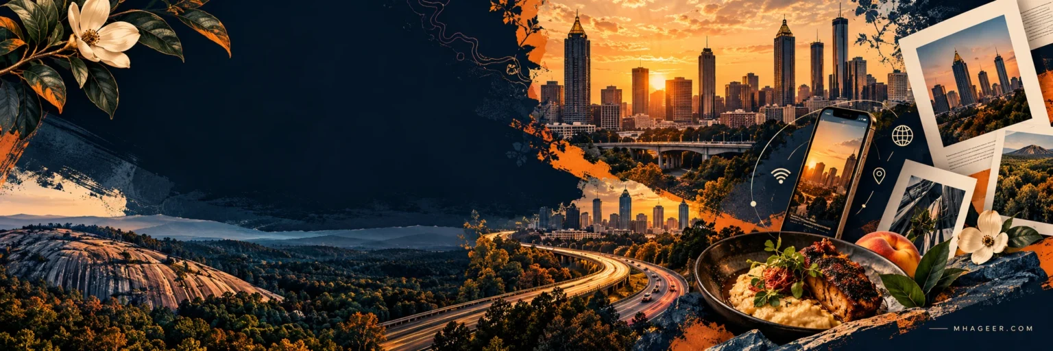 Mhageer editorial banner featuring Atlanta skyline, Georgia landscapes, food, travel, and technology.