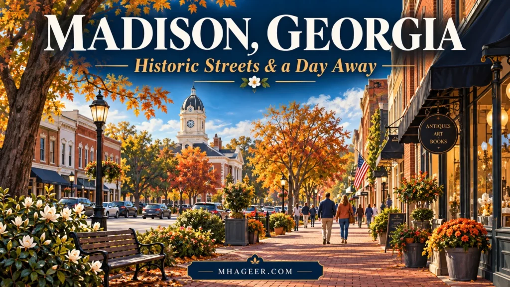 Mhageer Madison, Georgia editorial cover with an illustrated historic downtown and autumn trees.