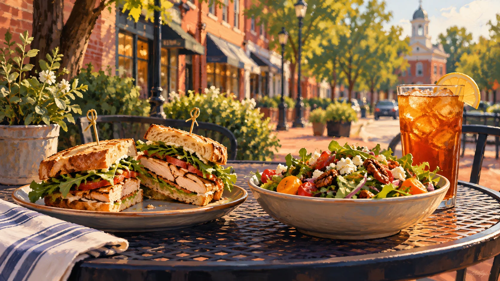 Illustrated sandwich, salad and iced tea on an outdoor cafe table.