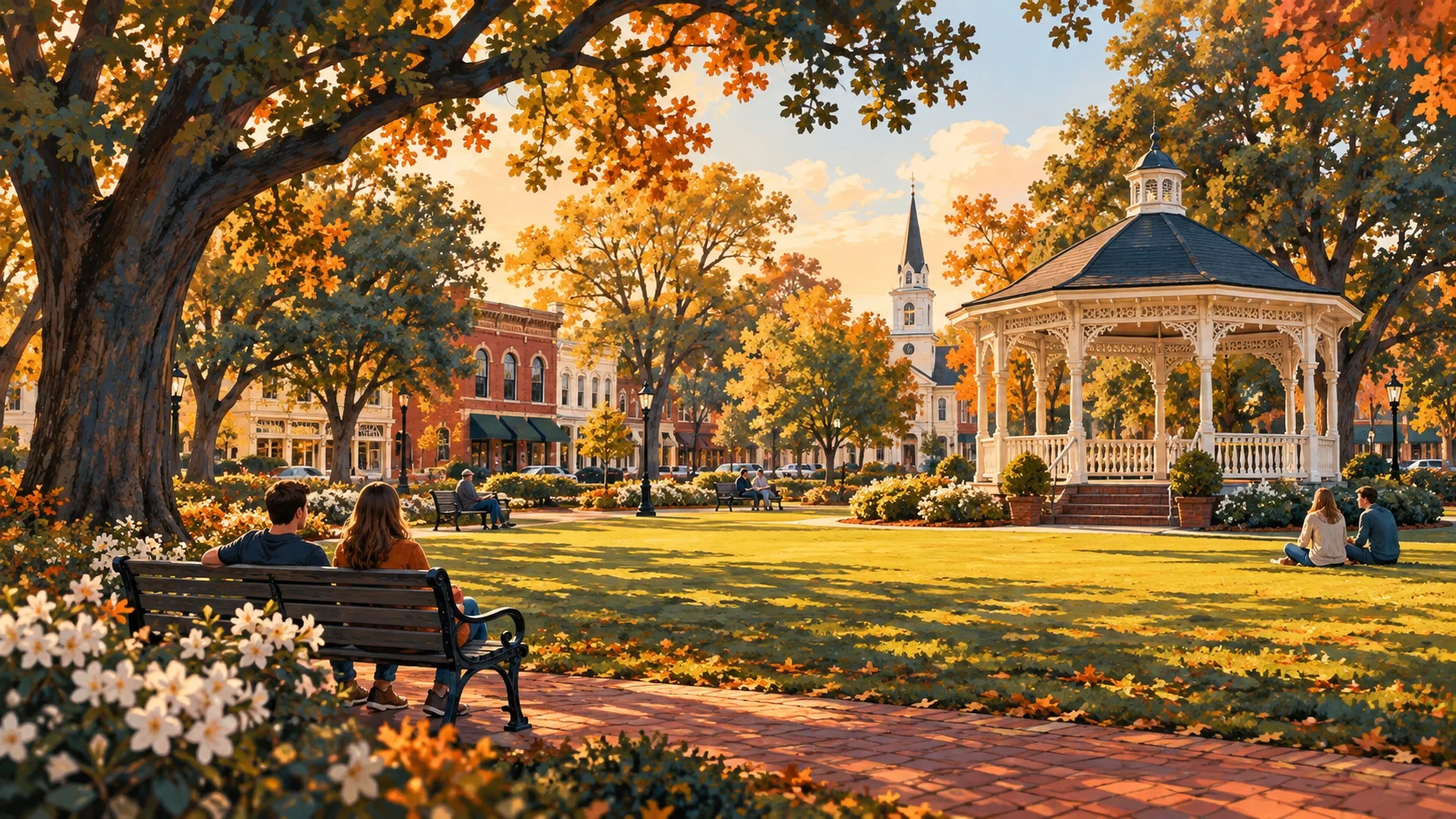 Conceptual illustration of a green town park with a gazebo, trees and benches.