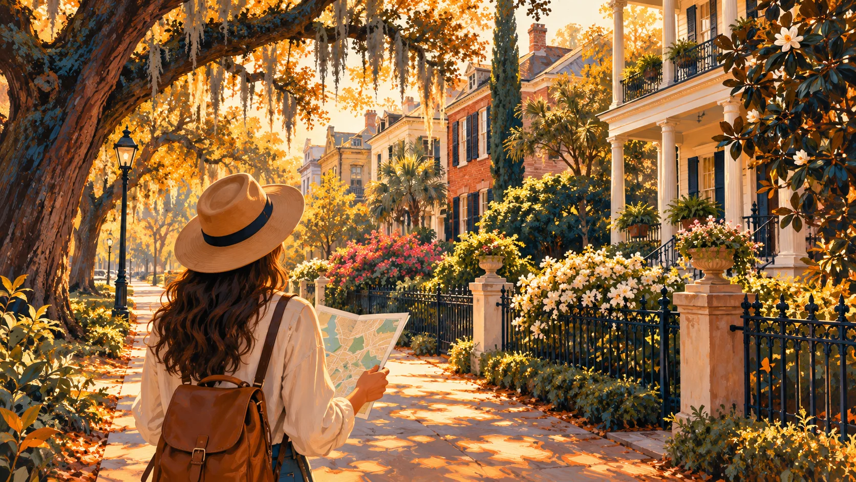 Illustrated visitor holding a walking map on a leafy historic Georgia street.