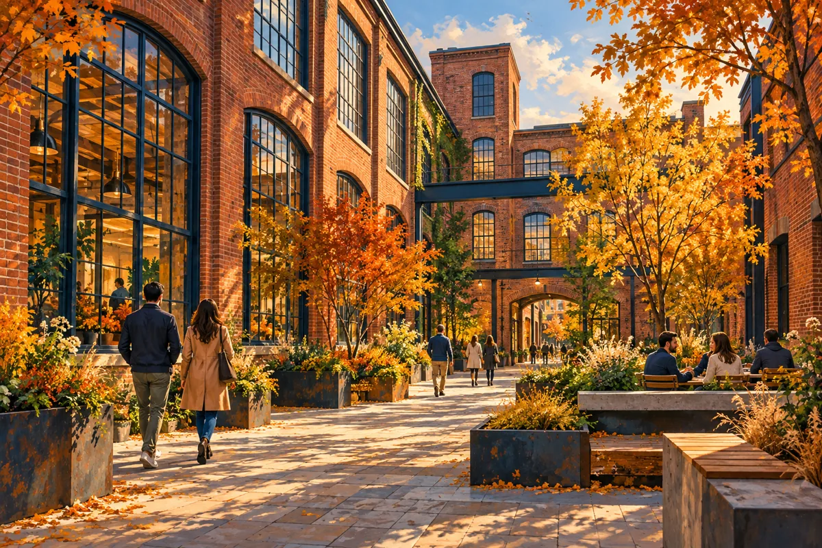 Imagined brick mill courtyard with tall windows, planters, and visitors strolling.