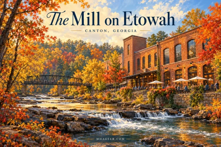 Conceptual illustration for The Mill on Etowah guide, with a red brick mill, river, and autumn trees.