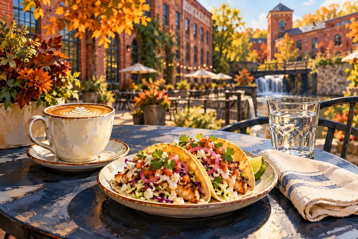 Illustration of tacos, coffee, and water on a table in an imagined mill cafe setting.