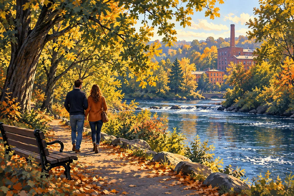 Imagined riverside scene with a bench, autumn trees, and an old mill in the distance.