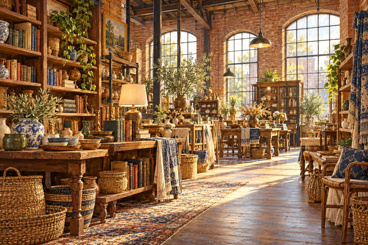 Illustration of ceramics, books, baskets, and furniture in an imagined vintage marketplace.