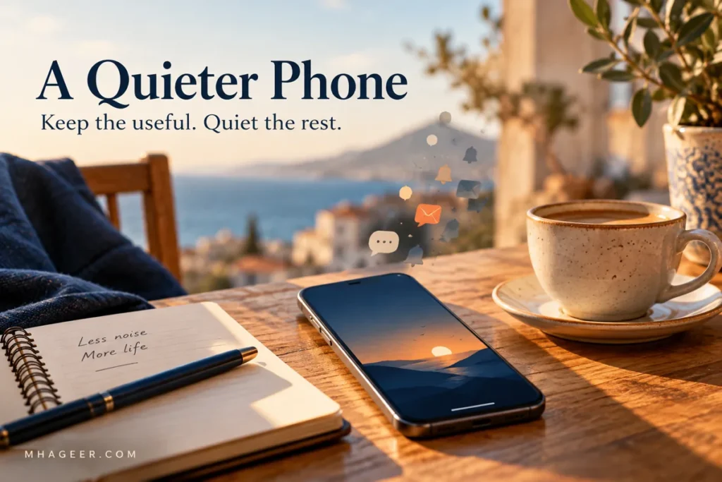 Illustration of a smartphone, coffee, and notebook with fading notification shapes.
