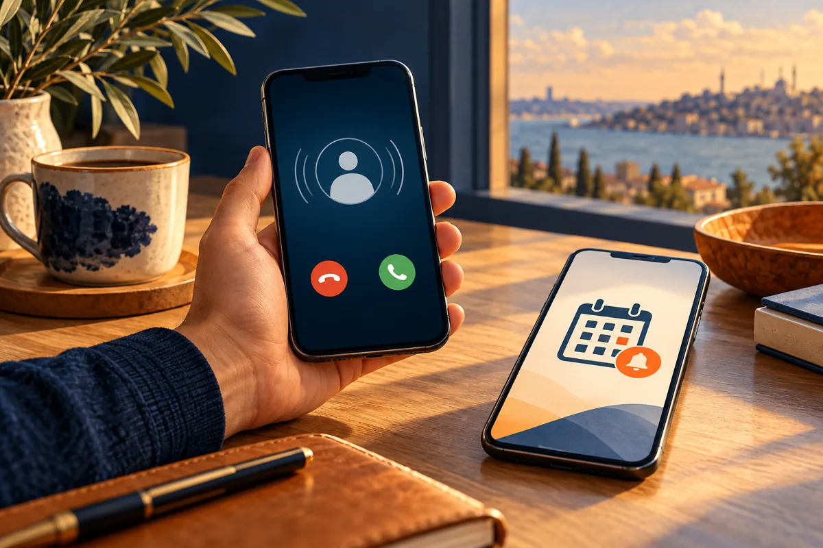 Illustration of a phone call icon and calendar reminder representing essential alerts.