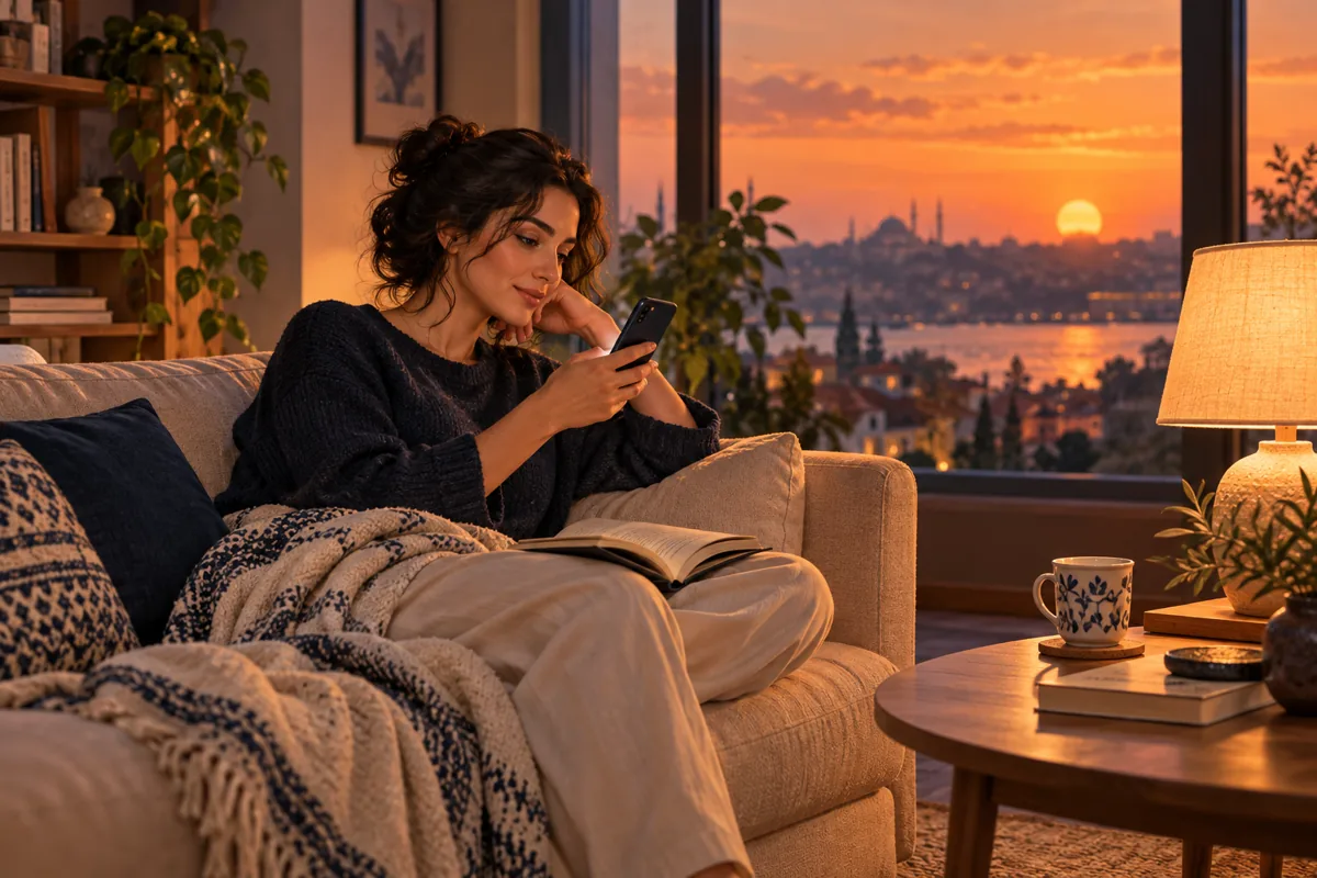 Illustration of an unhurried evening phone check beside a book and lamp.