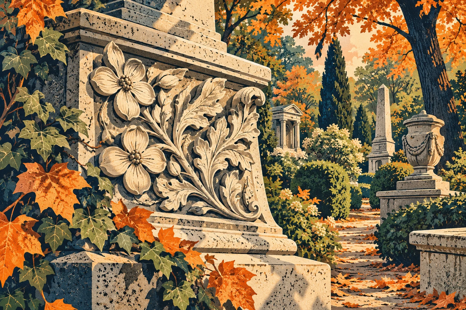 Illustrated carved floral stonework and autumn leaves inspired by Oakland Cemetery