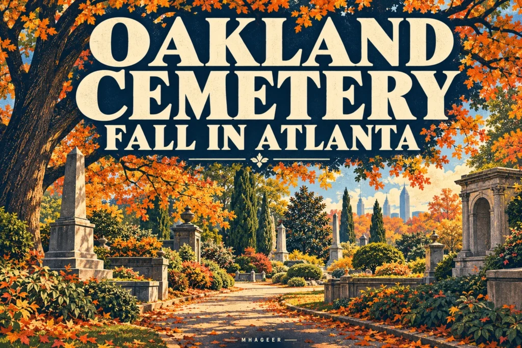 Oakland Cemetery in fall guide cover with bold text and illustrated autumn gardens