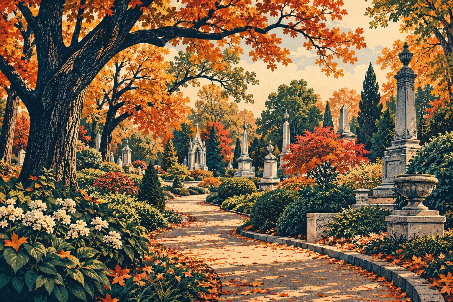 Conceptual illustration of Oakland Cemetery in fall with garden paths and autumn trees