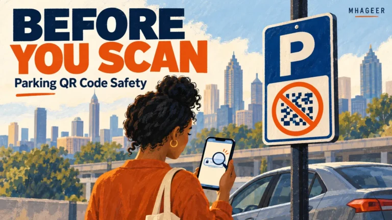 AI-generated Before You Scan cover showing a driver checking a phone beside an illustrated parking sign and Atlanta skyline.