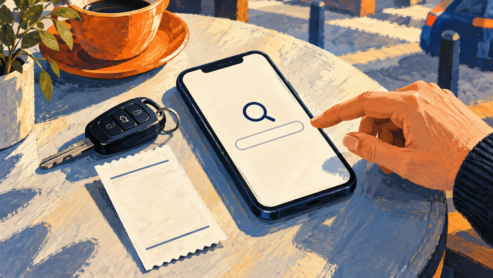AI-generated illustration of a hand pausing over a phone beside car keys and a blank parking slip.