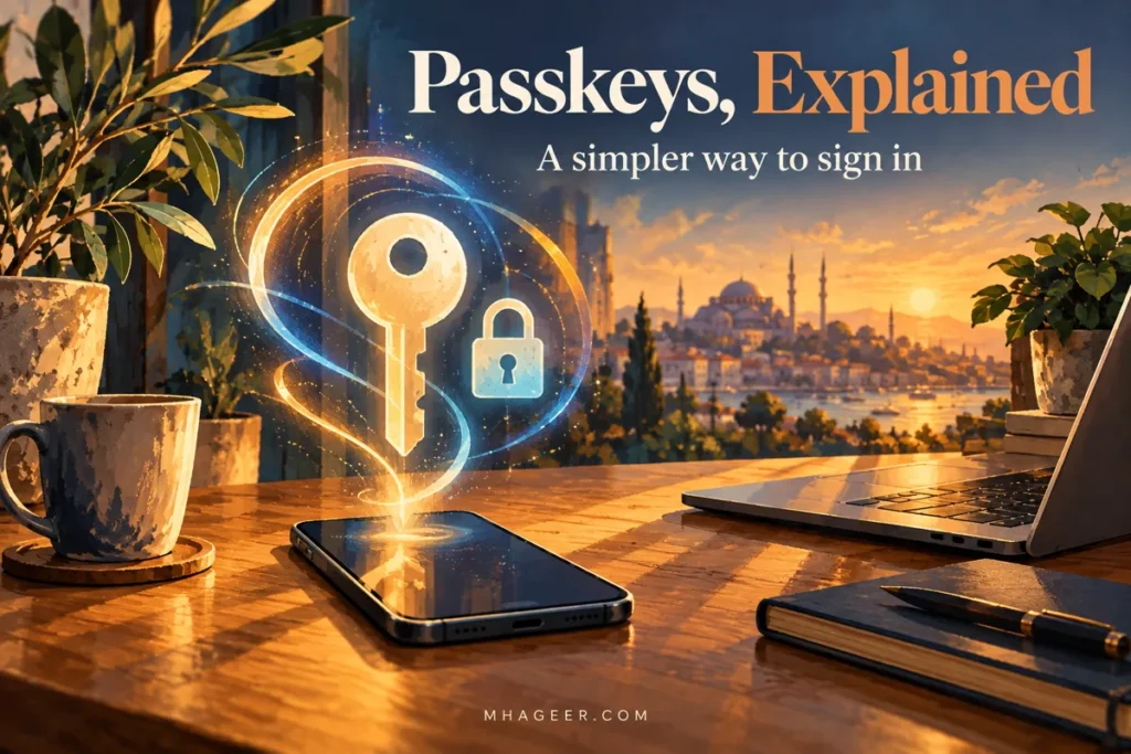 Conceptual illustration of a smartphone and laptop with a glowing key and lock for a passkey guide.