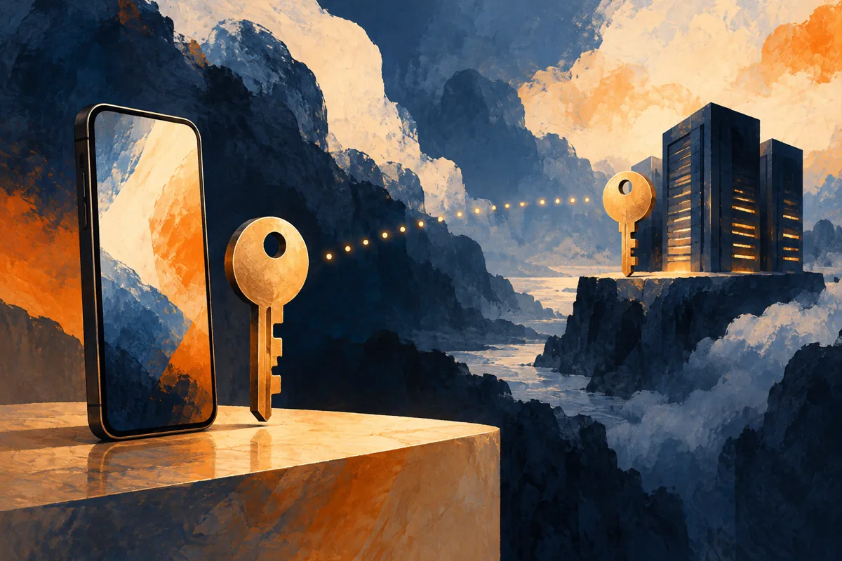 Conceptual illustration of paired keys beside a personal phone and a server.