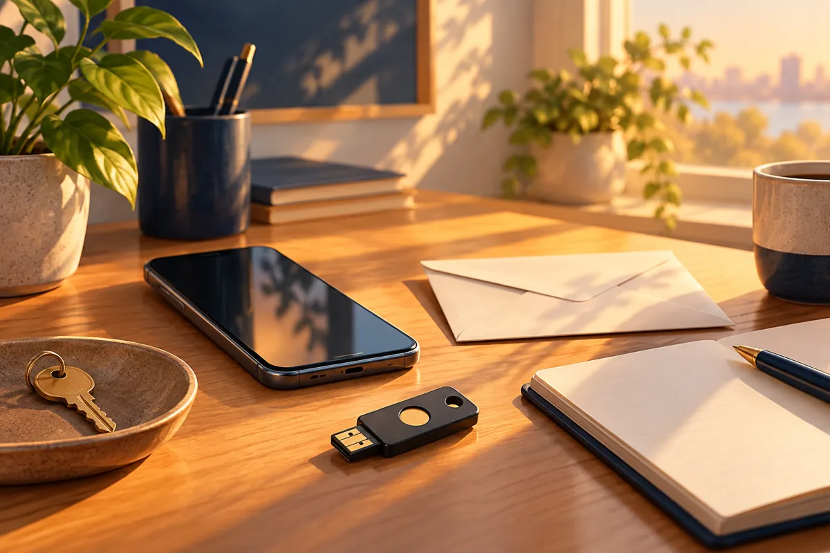 Illustration of a phone, generic hardware security key, and closed envelope for account recovery planning.
