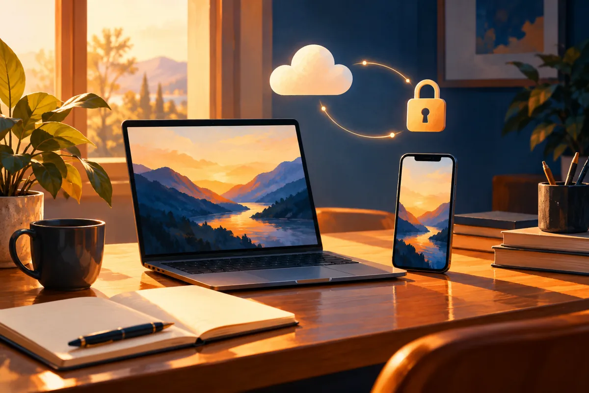 Illustration of a personal phone and laptop with a cloud and lock symbol representing credential sync.