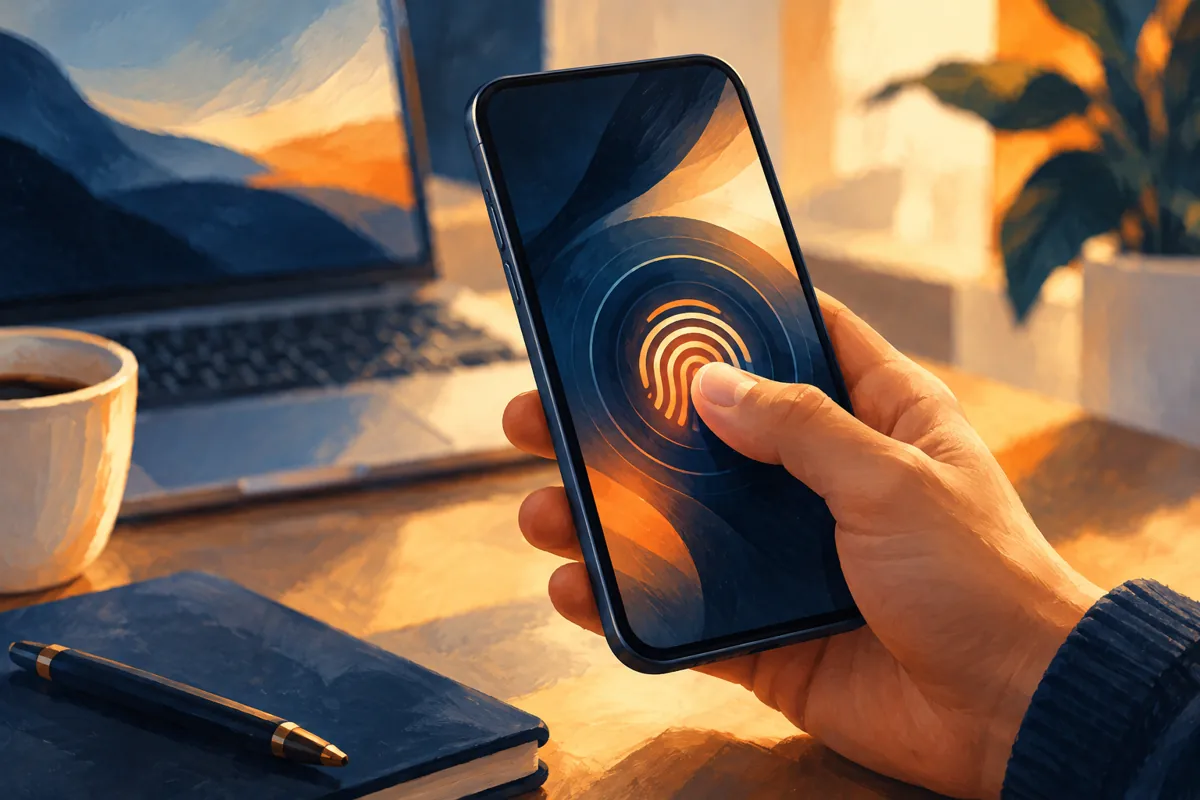 Illustration of a hand authorizing a phone unlock with an abstract fingerprint symbol.