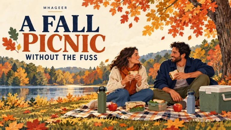 AI-generated illustration of two people enjoying a fall picnic beside a lake, with sandwiches, apples, water bottles and a cooler.