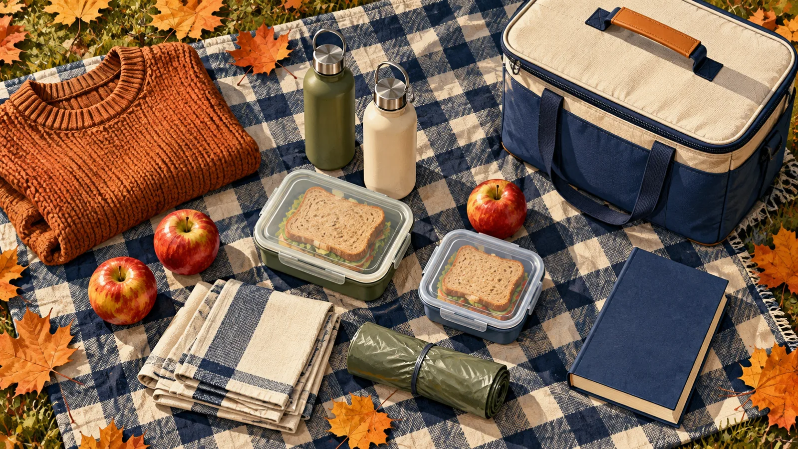 AI-generated illustration of picnic essentials on a blanket, including sandwiches, apples, water bottles, napkins, a sweater and an insulated cooler.