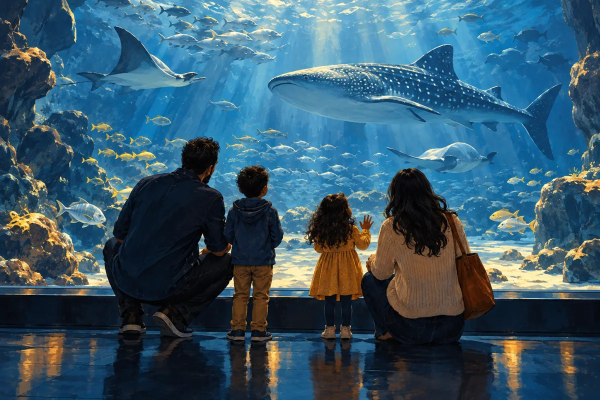Conceptual illustration of a family watching fish through an aquarium window.