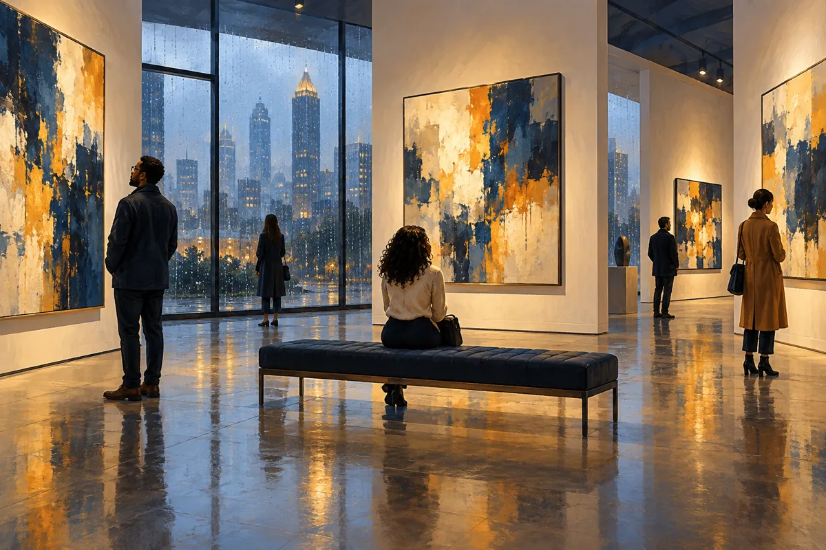 Conceptual illustration of visitors enjoying an art gallery on a rainy day.