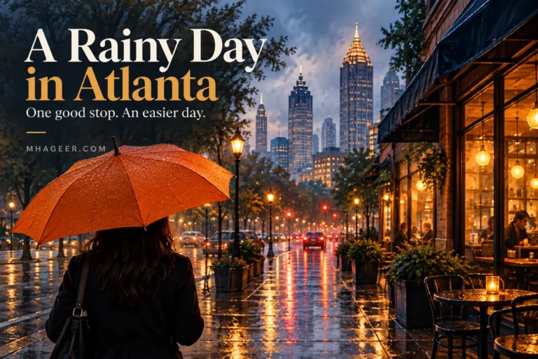 Illustration of an orange umbrella on a rainy Atlanta street with warm cafe lights.
