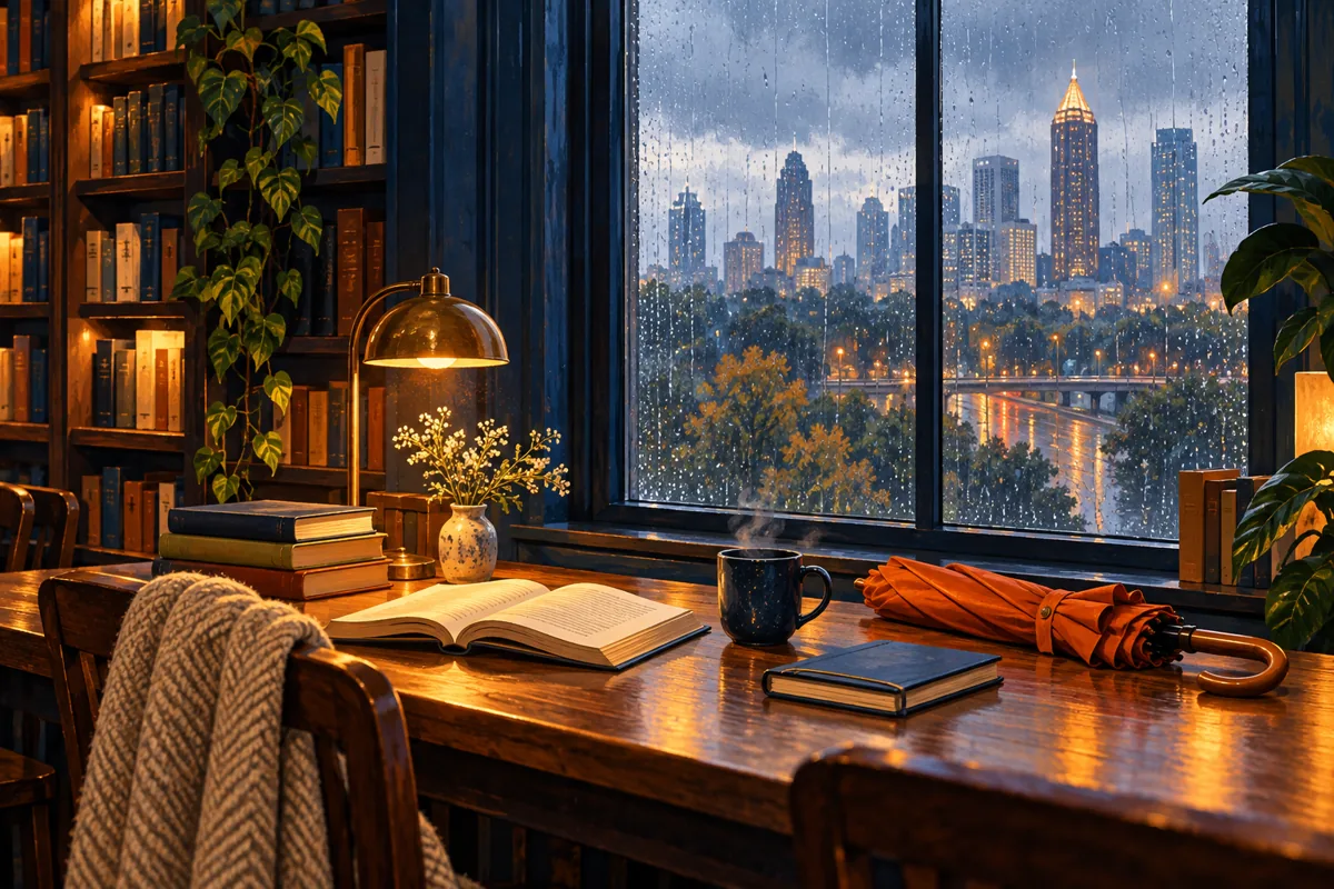 Conceptual illustration of books and an umbrella beside a rainy library window.