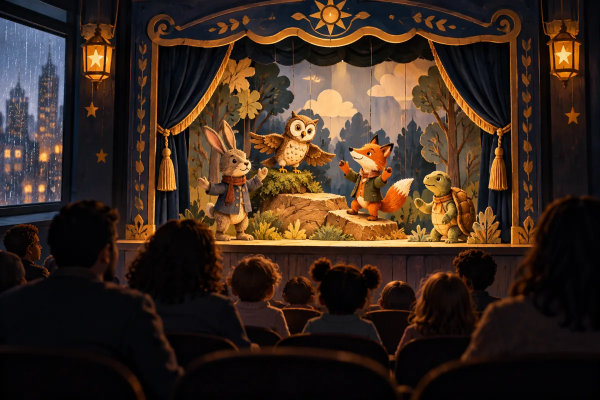 Conceptual illustration of an animal-puppet performance in a small theater.
