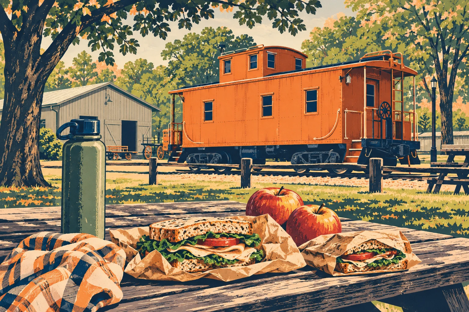 Mhageer illustration of a picnic lunch near a preserved orange railway caboose